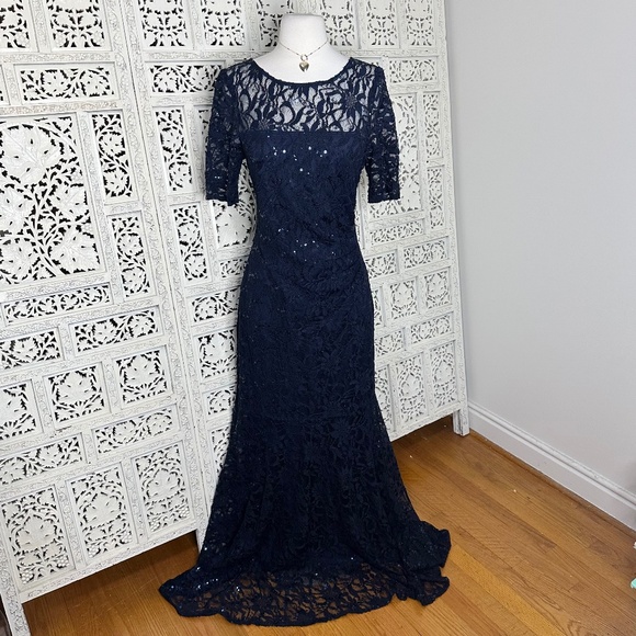 Decode 1.8 Navy Blue Lace Ruched Sequin Fairycore Flowy Long Formal Gown Sz 10 - Picture 1 of 7